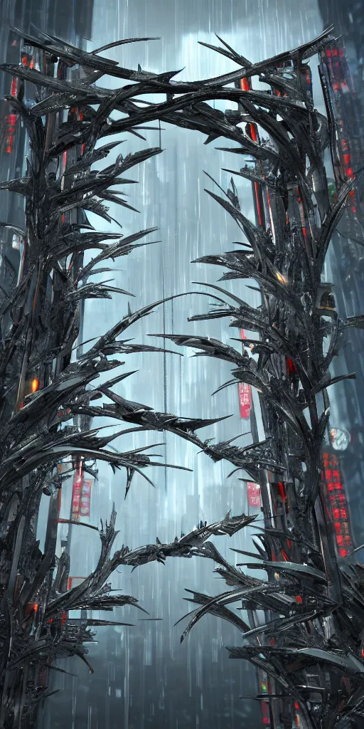 Image similar to 3 d render of a torii gate sculpture made of chrome, chrometype, made of liquid metal, fractal neotribal with thorns and thunders, cyberpunk japanese temple, raytraced, hyper realistic, volumetric lightning, 8 k, by zhelong xu, ouchh and and innate studio