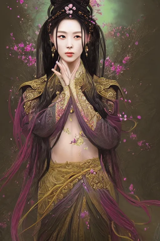 Image similar to beautiful ancient fantasy portrait of wuxia heroine like tzuyz twice, n forbidden City, hybrid from Dynasty Warriror, flowers sea rainning everywhere, intricate, very very beautiful, elegant, highly detailed, digital painting, beautiful glowing galaxy eyes, artstation, fantasy concept art, smooth, sharp focus, illustration, art by tian zi and alphonse mucha and WLOP