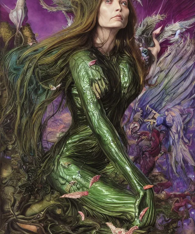 Prompt: a portrait photograph of a fierce mutated harpy super villian with slimy skin. she looks like elizabeth olsen and is meditating in a colorful infected bulbous shiny organic catsuit. by donato giancola, hans holbein, walton ford, gaston bussiere, peter mohrbacher and brian froud. 8 k, cgsociety, fashion editorial