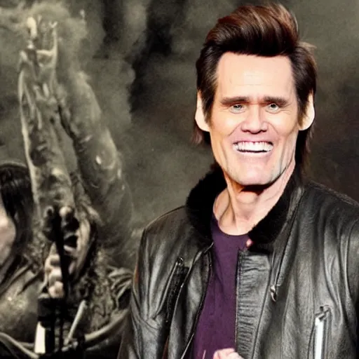 Prompt: Jim Carrey plays in a black metal band with a church on fire on the background