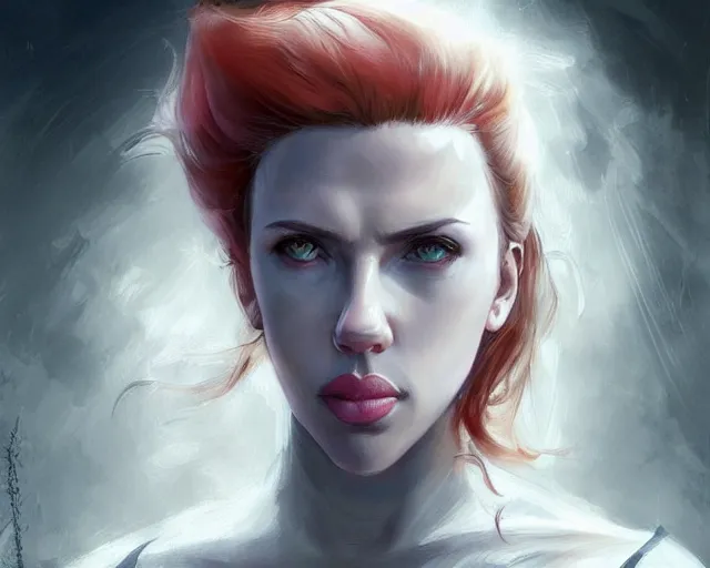 Prompt: portrait of scarlett johansson as street fighter character, detailed face, dark fantasy art, fantasy, pretty, hd shot, digital portrait, beautiful, artstation, comic style, by artgerm, guy denning, jakub rozalski, magali villeneuve, neoartcore and charlie bowater