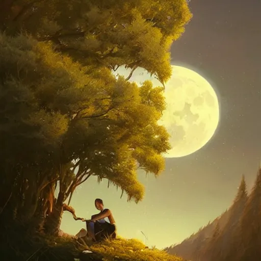 Image similar to low angle shot of a tree growing inside a trashcan in the foreground. overgrown. soft moon - lit over the mountains in the background. highly detailed, cinematic, beautiful, cgsociety, artstation, oil painting by greg rutkowski, by artgerm, by wlop