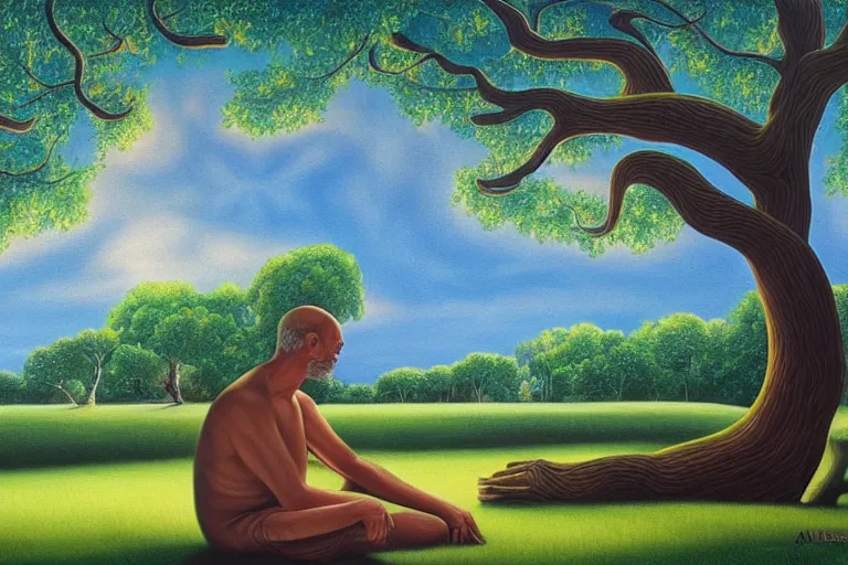 Image similar to painting of a peaceful man relaxing under a tree by alex grey, acrylic art, calm, soothing, cosy, elegant, soft light,