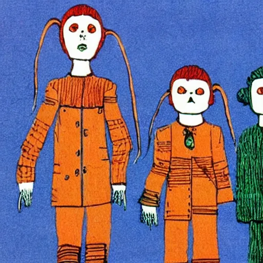 Prompt: midwich cuckoos wyndham. the children are robots. folk horror art style