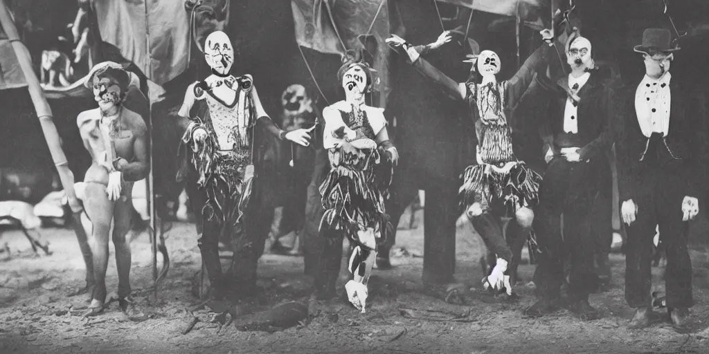 Prompt: creepy circus, 2 0 s, scary clowns, vintage photo. hyper detail. 8 k