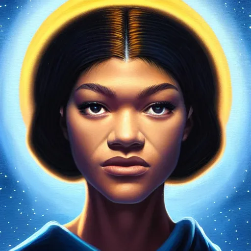 Image similar to a painting of Zendaya as the Messiah by Ross Tran, Bruce Timm and Vladimir Kush, highly detailed digital art, holy aura, serene expression