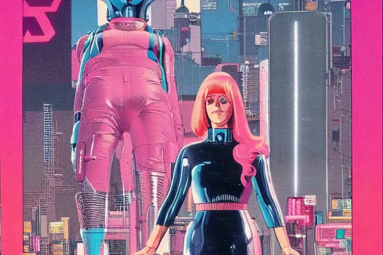 Prompt: 1979 OMNI Magazine Cover of woman with shiny Chrome face with Pink hair. neo-Tokyo streets behind her. in cyberpunk style by Vincent Di Fate