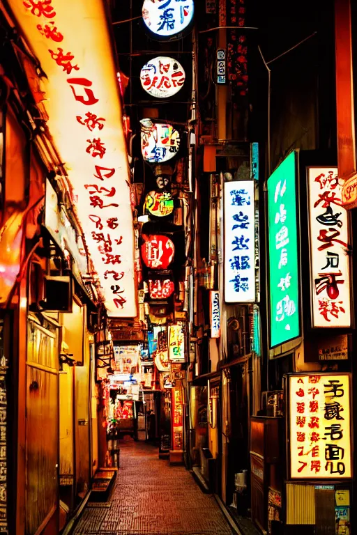 Prompt: a bussy back alley street in Tokyo, with small shops and restaurants. Evening time. Neon lights. Slow shutter. 8k. Canon eos.