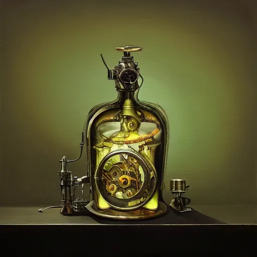 Prompt: a painting of a complex detailed steampunk mechanical neon olive colored potion bottle centred on a counter, by h. r. giger, hyperrealistic fantasy art, concept matte, ethereal, dreamy, digital art, trending on artstation, volumetric cinematic lighting