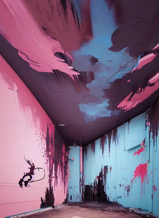 Image similar to matte painting extreme offset 3 d calligraphy graffiti mural dripping paint wall extreme maximalism by by atey ghailan, by greg rutkowski, by greg tocchini, by james gilliard, by joe fenton, by artur bordalo, pink, brown, black and light blue color scheme, octane render