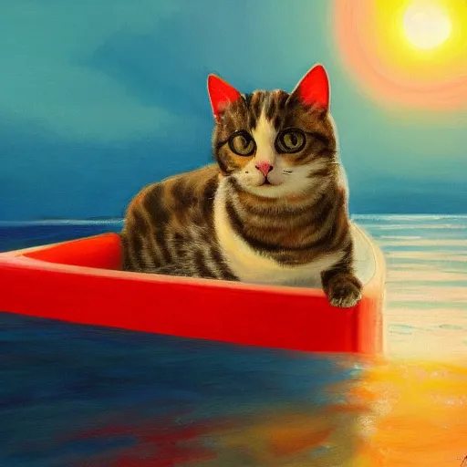 Image similar to a painting of a cat in a life-boat in the middle of the ocean. artstation. digital art.