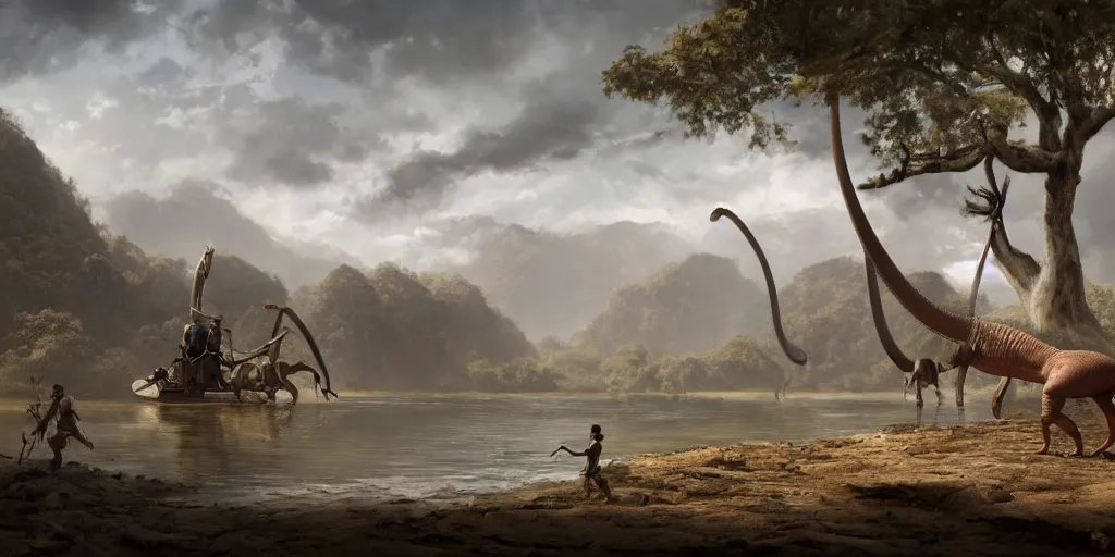 Prompt: a highly detailed matte painting of a nineteenth century explorer discovering a brontosaurus in a cameroon river, concept art, trending on artstation