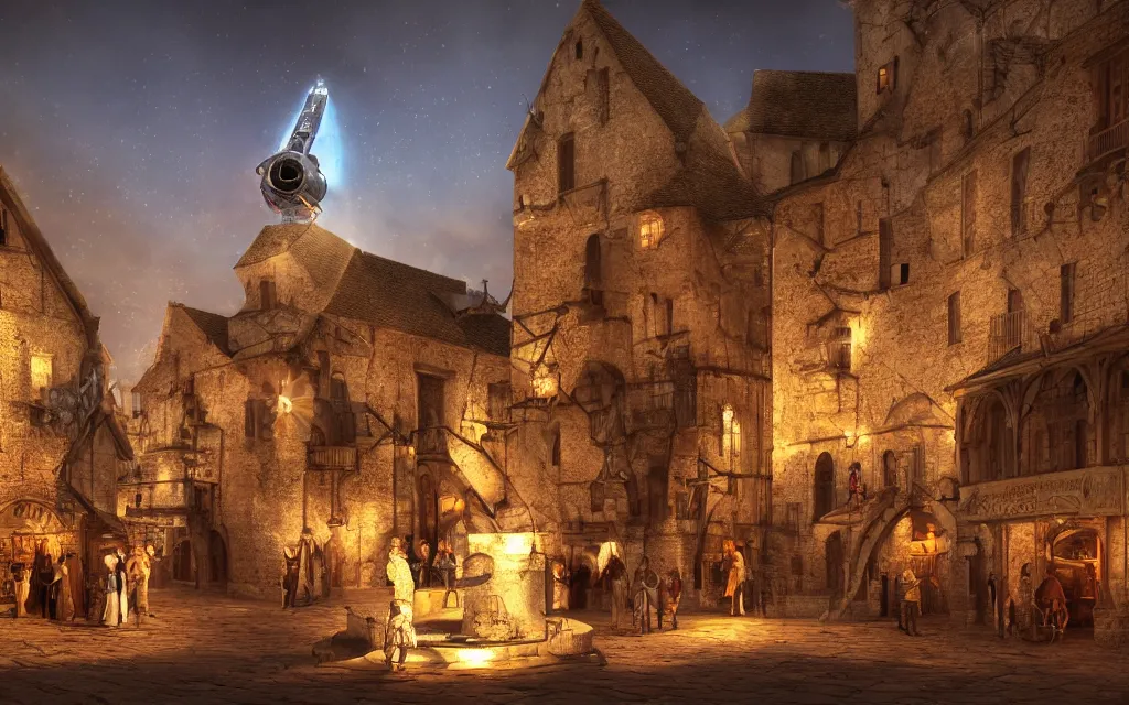 Image similar to at the square of a medieval french village, with a spaceship hovering, a well in the center, arches, orange light, highly detailed, cinematic lighting, render, fantasy