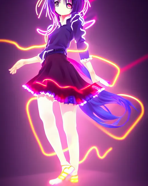 Image similar to anime style, vivid, expressive, full body, 4 k, painting, a cute magical girl idol with a long wavy hair wearing a dress fighting monsters, correct proportions, stunning, realistic light and shadow effects, neon lights, studio ghibly makoto shinkai yuji yamaguchi