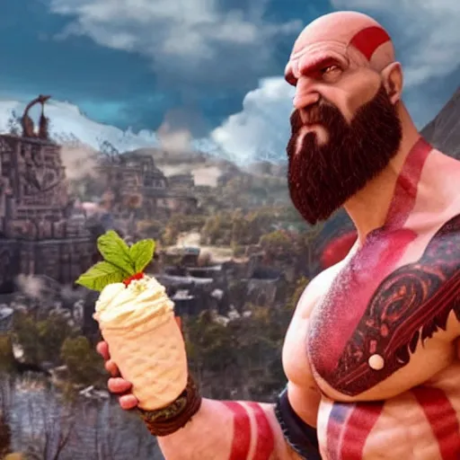 Prompt: kratos the god of war eating a double scoop ice cream