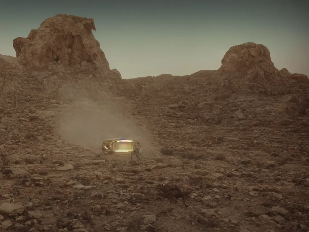 Image similar to glowing veiled grey ghost in full - face golden mask in a dry rocky desert landscape with abandoned city beneath the sand and giant alien spaceship in the sky attacks the earth by christopher doyle and alejandro jodorowsky, anamorphic lens, kodakchrome, cinematic composition, very detailed photo, 8 k,