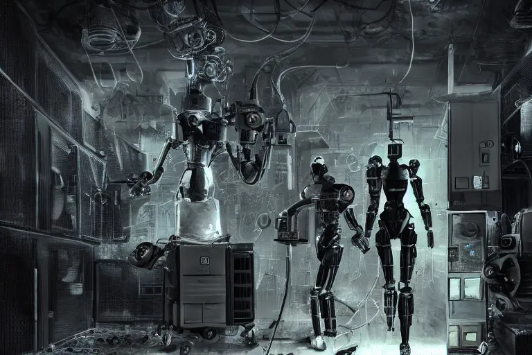 Image similar to blender gloomy colossal ruined server room in datacenter robot figure automata headless drone robot knight welder posing pacing fixing soldering mono sharp focus, emitting diodes, smoke, artillery, sparks, racks, system unit, motherboard, by rutkowski artstation hyperrealism cinematic dramatic painting concept art of detailed character design matte painting
