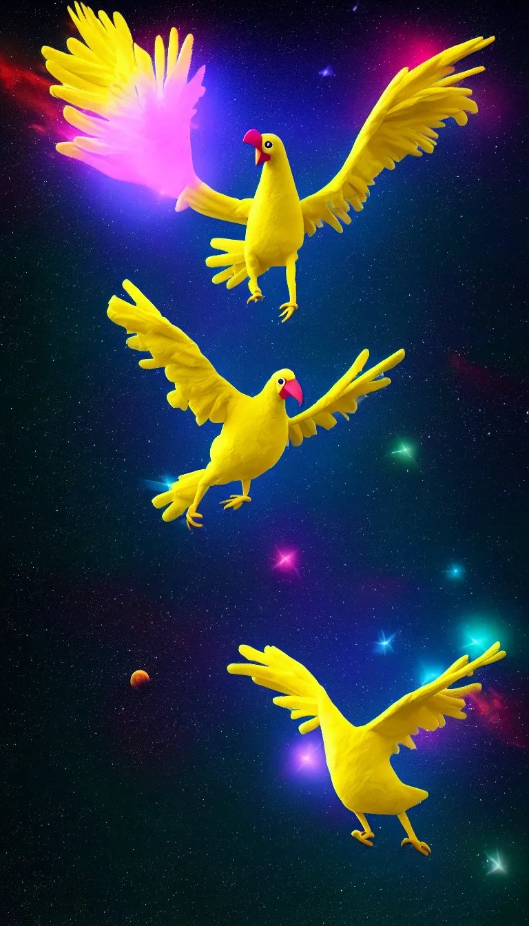 Image similar to highly detailed photo of only one colorful big bird flying in the dark space, all birds head and eye are visible, hyper realistic, concept art, 8 k detail post - processing