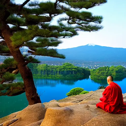 Image similar to a japanese monk sitting at the edge of a cliff, writing haiku, looking at a beautiful sunset above a lake, trees in distance