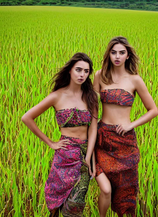 Image similar to portrait of kate bekinsale and ana de armas wearing green batik tube top in a paddy field, by charlotte grimm, natural light, detailed face, canon eos c 3 0 0, ƒ 1. 8, 3 5 mm, 8 k, medium - format print, half body shot