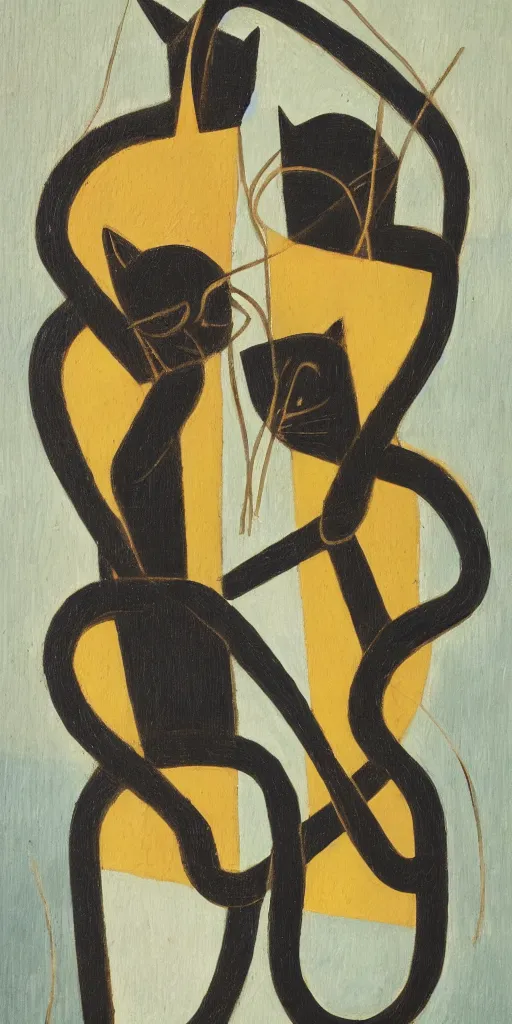 Prompt: A detailed expressionist painting of two intertwined cats, in the style of Juan Gris