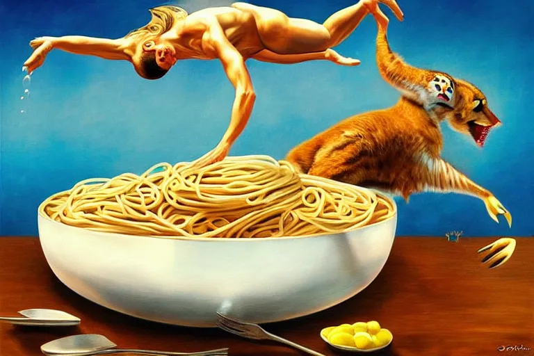 Image similar to olympic diving springoard, diver is diving head down into a dish of pasta, detailed surrealist art, artgerm