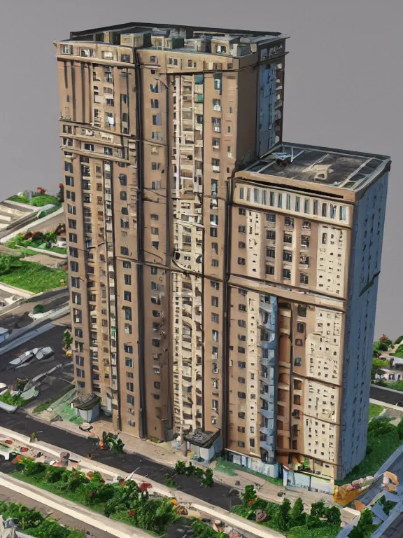 Image similar to a soviet apartment building , beautiful miniature, diorama , isometric, 3d render, simple