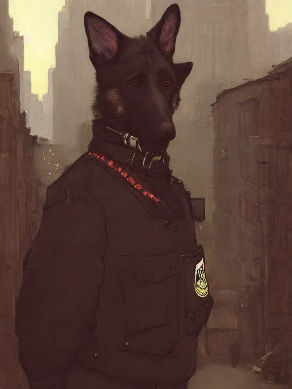 Image similar to new york city portrait of furry anthro anthropomorphic german shepard head animal person fursona wearing clothes nypd traditional police uniform in the alley, sunny day, digital art by Nerdrum John, William Waterhouse, Winslow Homer, Alex Heywood, Jordan Grimmer, Darren Quach, Greg Rutkowski, Simon Stalenhag, trending on Artstation, CGSociety