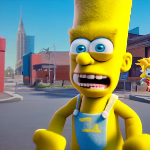 Image similar to film still of Bart Simpson in Monster Inc from Pixar, octane render, volumetric, raytracing, trending on artstation