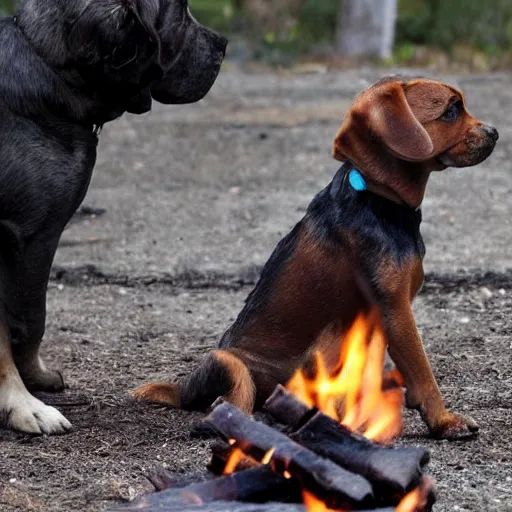 Prompt: dog / human hybrid starts a fire