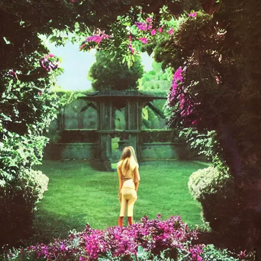 Prompt: woman standing in a french garden, blurry dark creature standing behind her, bright summer day, album cover, by hipgnosis