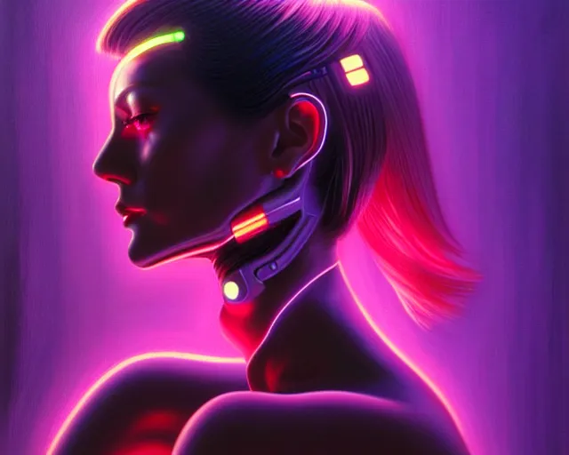 Image similar to a ultradetailed beautiful portrait painting of a stylish female cyborg, chrome plated, synthwave, dreamy soft neon lights, oil painting, by hajime sorayama, trending on artstation