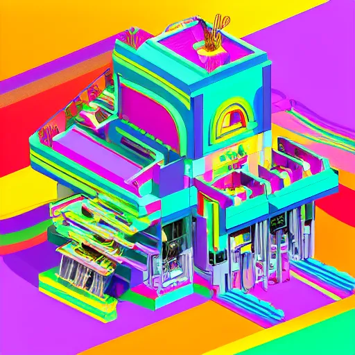 Prompt: an isometric exterior architectural rendering of an infinitely flowing sawtooth interlocking right-angles neon artificial mind-boggling Perpetual Motion Machine made entirely out of colorful wax and plastic, 1:1000 scale, in a highly futuristing Lisa Frank aesthetic (although a bit more subdued than Lisa Frank)