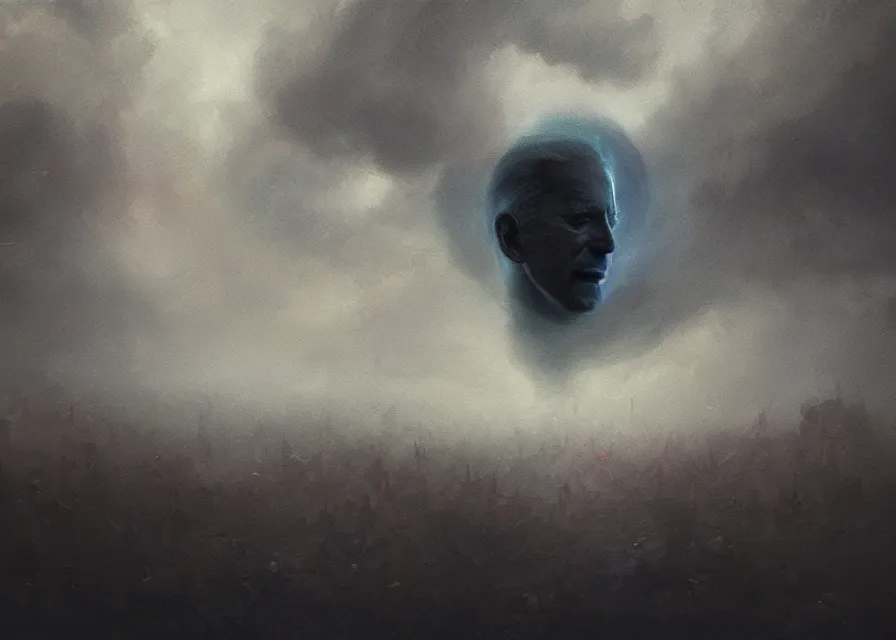 Image similar to abstract obscure painting of Joe Biden head emerging from thick dark clouds, immense crowd of varied people, cosmic horror , trending on ArtStation, masterpiece, by Greg Rutkowski, by Ross Tran, by Fenghua Zhong, octane, lightbeam eyes, soft render, clear facial features, oil on canvas, moody lighting, cinematic, professional detailed environmental concept art