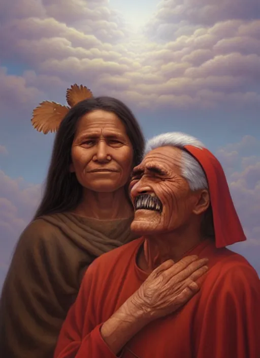 Image similar to portrait of an indigenous grandfather and grandmother in the clouds, smiling, protection, benevolence, ancestors, art by christophe vacher