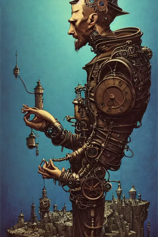 Prompt: gediminas pranckevicius side view of a majestic steampunk alchemist clooked male wizard holding his arm out, high details, bold line art, by vincent di fate and joe fenton, inking, etching, screen print, masterpiece, trending on artstation, sharp, high contrast, hyper - detailed,, hd, 4 k, 8 k