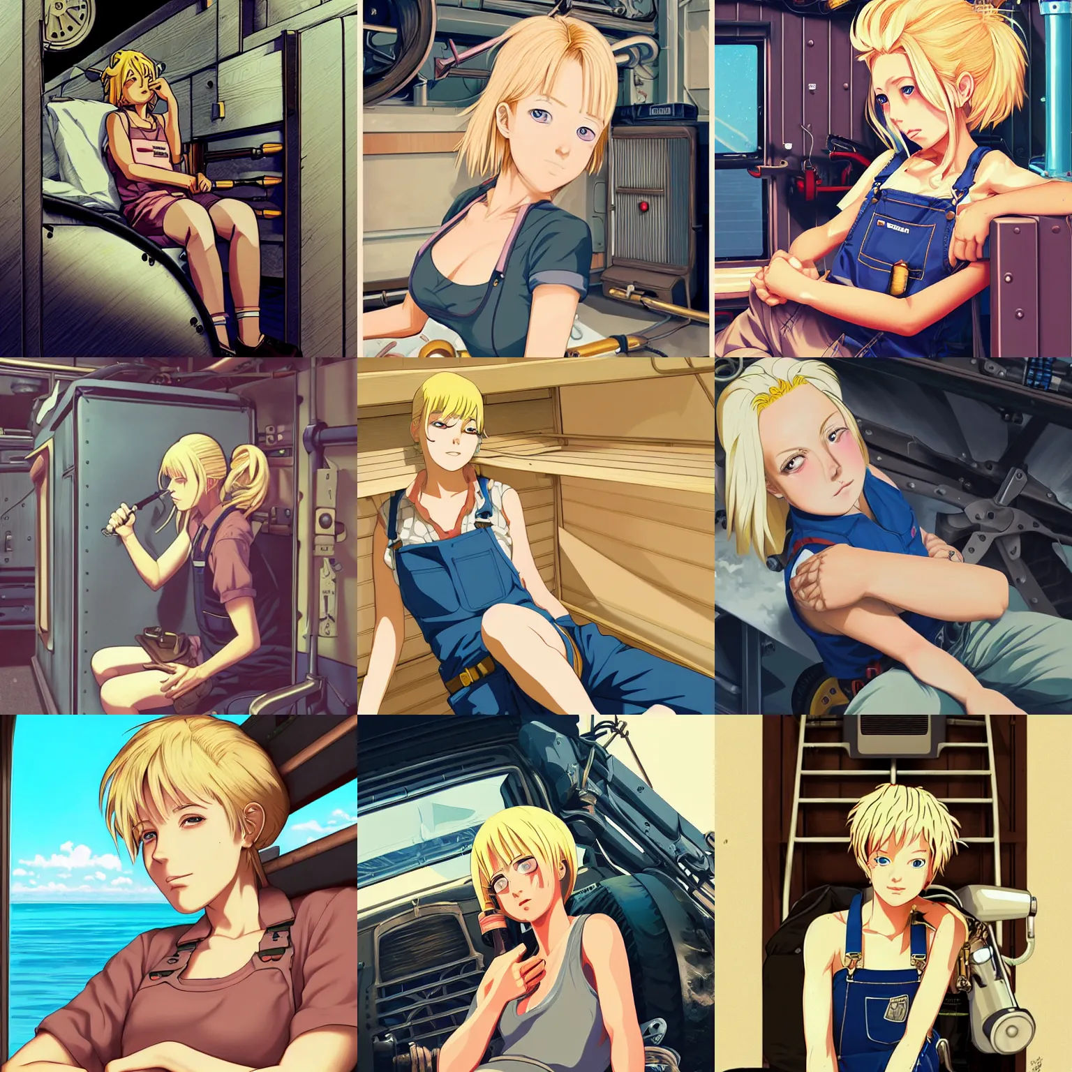 Prompt: Portrait of a mechanic resting in her cramped bunk, blonde, tank top, overalls, steampunk, beautiful face, highly detailed, cel shading, digital painting, anime key visual, artwork by Hayao Miyazaki and Ilya Kuvshinov