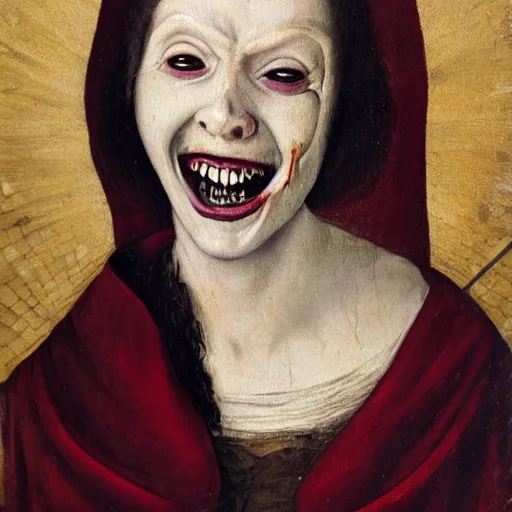 Prompt: an oil painting of an extremely ugly pale vampire woman smiling with skin condition in expensive renaissance dress, Renaissance painting, Renaissance Port City background, vampire teeth, 1450, holding paper fan