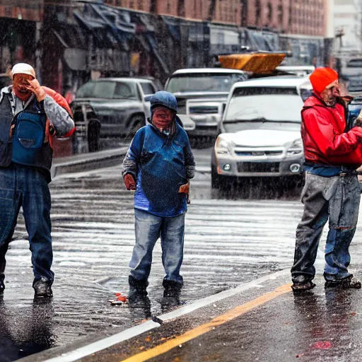 Image similar to closeup portrait of a group of fishermen trying to fish in the manholes in between car traffic in rainy new york street, by David Lazar, natural light, detailed face, CANON Eos C300, ƒ1.8, 35mm, 8K, medium-format print