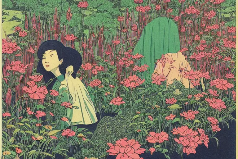 Image similar to gigantic cats catch gigantic dragonflies, a lot of exotic flowers around, heads are all over the ground, acid and dreaming psychedelic hallucinations, risograph by kawase hasui, dirtyrobot, edward hopper, satoshi kon and moebius, colorful flat surreal design, super - detailed, a lot of tiny details, fullshot