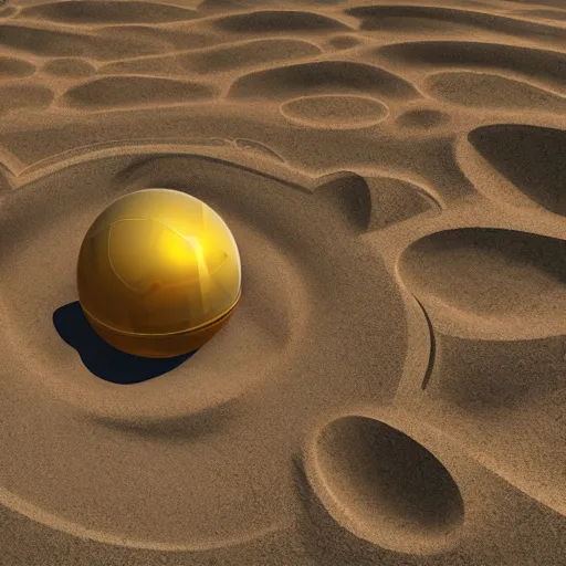 Image similar to in the center of a large sand quarry in the sand lies a large golden ball, a broken excavator is standing nearby, an anomalous air funnel is nearby, book illustration stylization, high quality, depth of sharpness, focus on the object