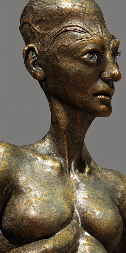 Image similar to detailed photo of old bronze patina statue of most beautiful alien woman, full body portrait, various bending poses, photorealism, intricate detail, museum diffuse lighting