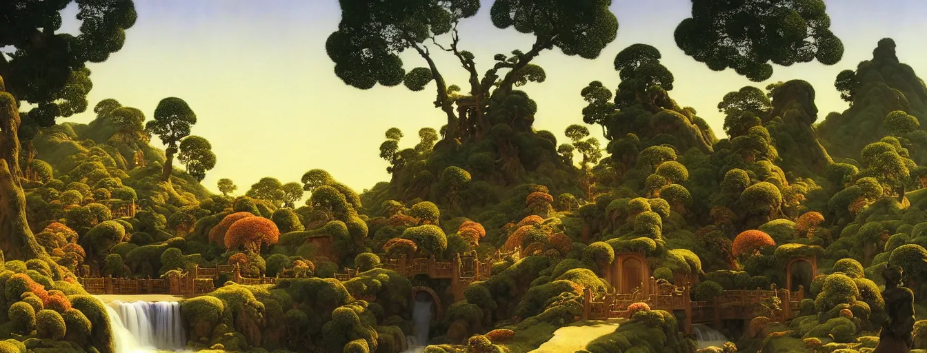 Image similar to a gorgeous landscape painting by barlowe wayne maxfield parrish and marco mazzoni. early spring morning. bench terrace. close - up shot on hyper detailed trees has just sprouted!! tyndall effec, light effect. chinese village. china waterwheel. the winding steps, waterfall from the mountain. ultra clear detailed. highly detailed, 3 d, octane render.