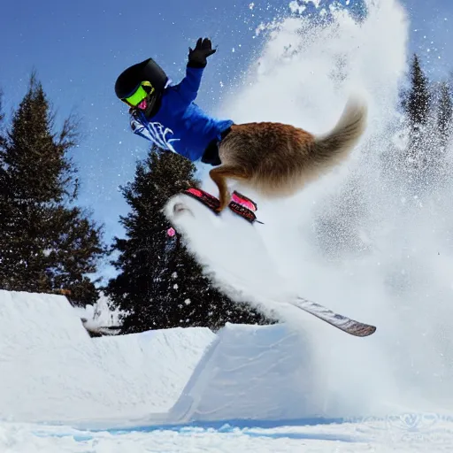 Image similar to a snowboarding blue heeler dog sending it off a big air jump at xgames in aspen