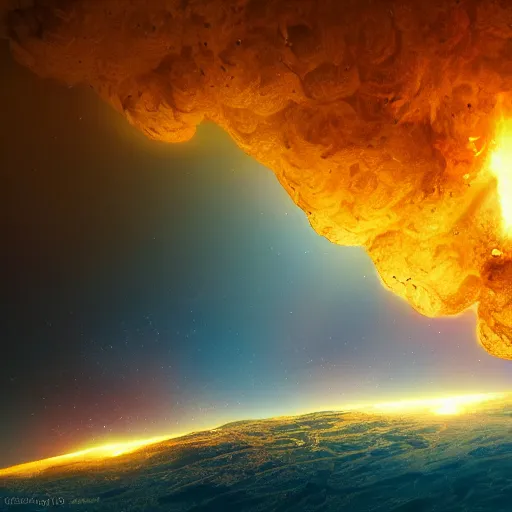 Prompt: Digital art of a meteorite containing an insect hive burning up in the atmosphere, by Jessica Rossier 4k prehistoric geology space hubble start nebula