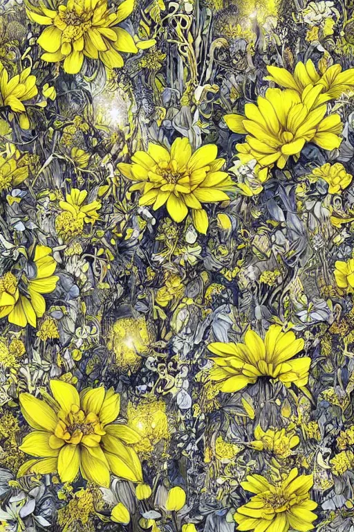 Prompt: beautiful digital matte painting of whimsical botanical illustration yellow and white flowers enchanted dark background dark contrast by android jones, dollpunk