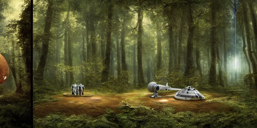 Image similar to an astronaut and a space ship in a forest, a detailed matte painting by frieke janssens, featured on cgsociety, space art, matte painting, matte drawing