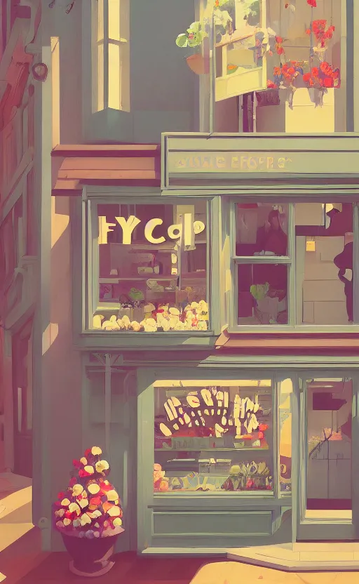 Image similar to cute cozy flower shop, surreal illustration, by atey ghailan and escher and edward hopper