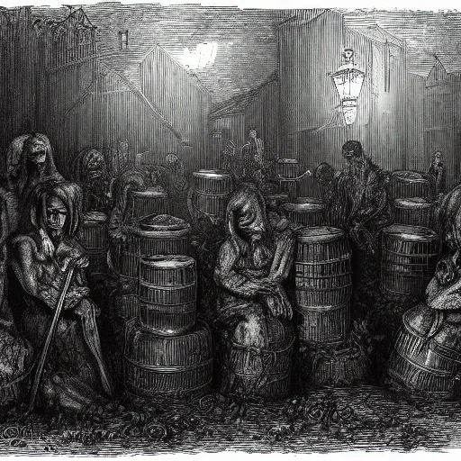 Image similar to 9 steel barrels in a graveyard, 2 zombies, creepy atmosphere, dark, portrait, realistic, illustration by gustave dore