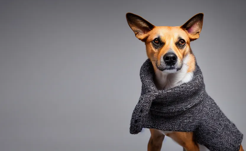 Prompt: studio photography of a dog wearing a woolen sweater, detailed face, cinematic lighting, 8 k